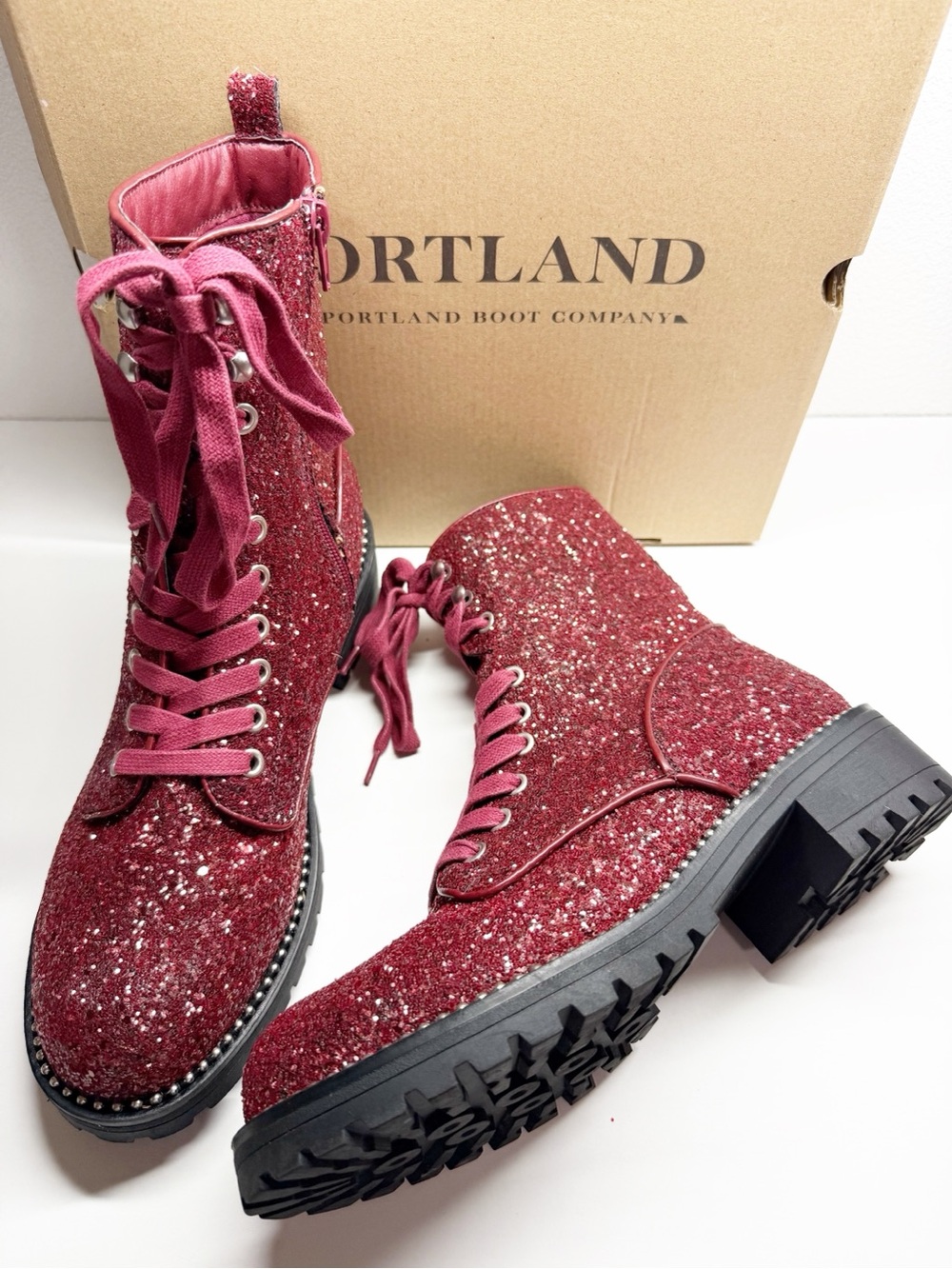 Portland Boot Company Private Black Glitter Combat Boots Burgundy Size 9.5